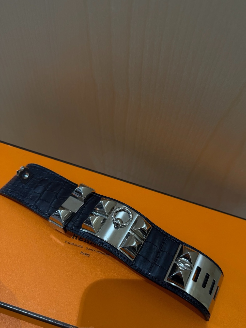 Hermes Black Croc-Embossed Leather Pyramid Stud Bracelet